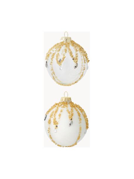 Weihnachtskugeln Flitter, 12 Stück, Glas, Weiß, Goldfarben, Ø 8 cm