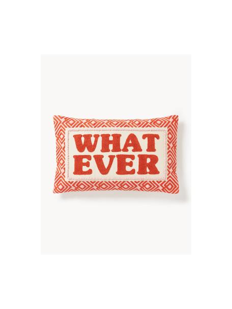 Housse de coussin avec slogan brodé Whatever, Rouge corail, blanc cassé, larg. 30 x long. 50 cm