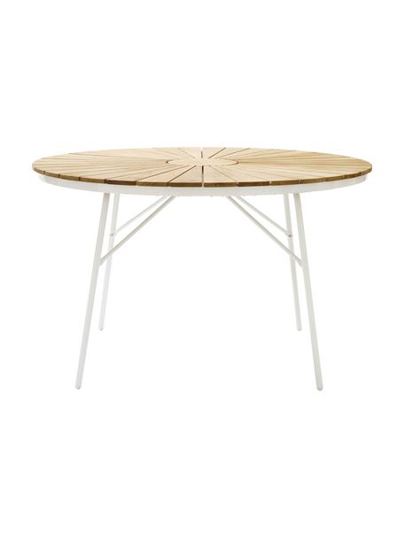 Mesa redonda para exterior de madera de teca Hard & Ellen, tamaños diferentes, Tablero: madera de teca lijada, Estructura: aluminio con pintura en p, Blanco, madera de teca, Ø 110 x Al 73 cm