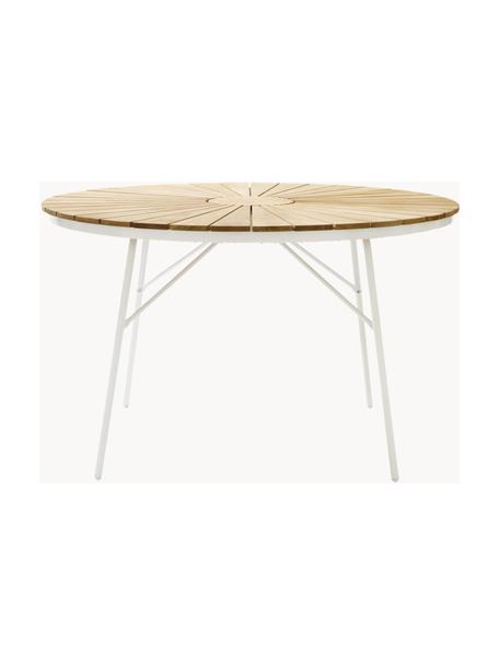 Mesa redonda para exterior de madera de teca Hard & Ellen, tamaños diferentes, Tablero: madera de teca lijada, Estructura: aluminio con pintura en p, Blanco, madera de teca, Ø 110 x Al 73 cm