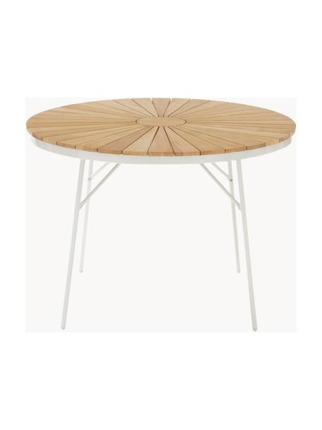 Mesa redonda para exterior con tablero de madera de teca Ellen, tamaños diferentes, Tablero: madera de teca lijada, Estructura: aluminio con pintura en p, Madera de teca, blanco, Ø 110 x Al 73 cm