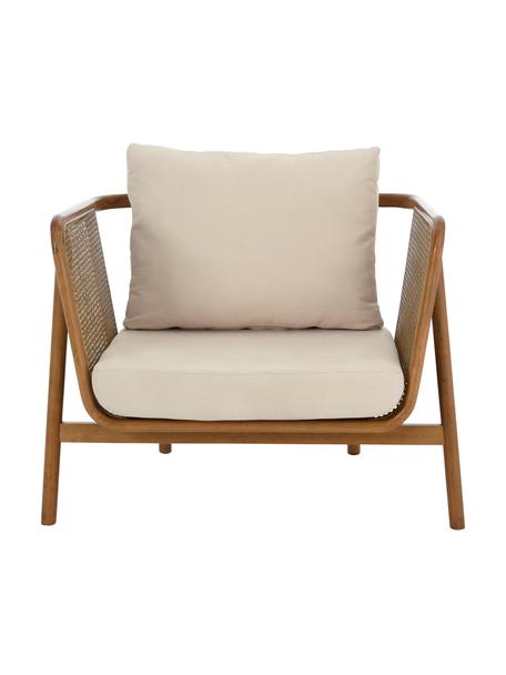 Fauteuil lounge en rotin Callo, Tissu blanc crème, bois de hêtre, larg. 106 x prof. 79 cm