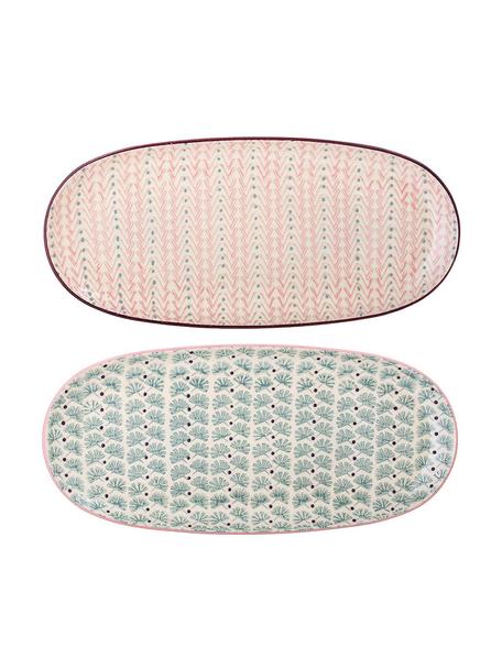 Servierplatten Maya mit kleinem Muster, 2er-Set, Steingut, Cremeweiss, Grün, Lila, Rosa, L 35 x B 16 cm
