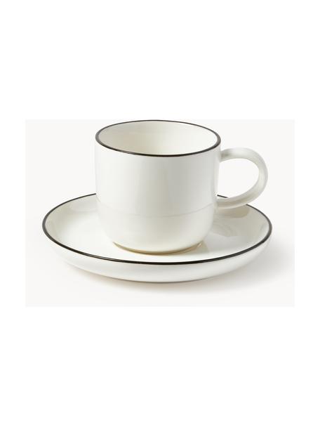 Porcelánové šálky s podšálky na espresso Facile, 2 ks, Vysoce kvalitní tvrdý porcelán (cca 50 % kaolinu, 25 % křemene a 25 % živce), Tlumeně bílá s černým okrajem, Ø 7 cm, V 6 cm, 130 ml