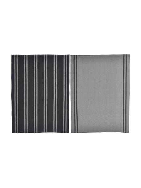 Gestreepte katoenen theedoeken Soft Tools, set van 2, 100% katoen, Zwart, grijs, B 50 x L 70 cm