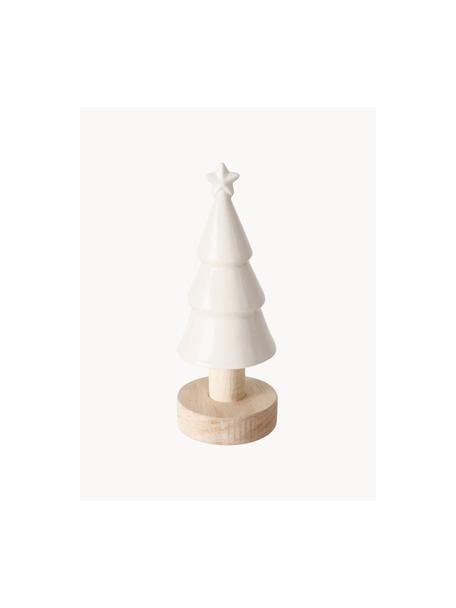 Pieza decorativa abeto de gres Shelter, Figura: cerámica de gres, Estructura: madera, Blanco, madera clara, Ø 6 x Al 15 cm