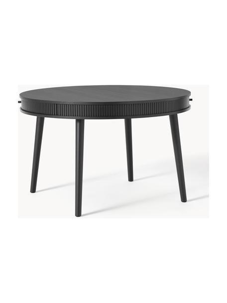 Mesa de comedor redonda con espacio de almacenamiento Calary, Ø 120 cm, Tablero: fibras de densidad media , Patas: roble, Madera de roble lacada en negro, Ø 120 cm