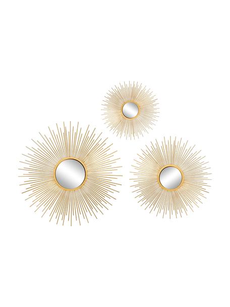 Decoratieve spiegelsset Sun, 3-delig, Lijst: gecoat metaal, Goudkleurig, Set met verschillende formaten