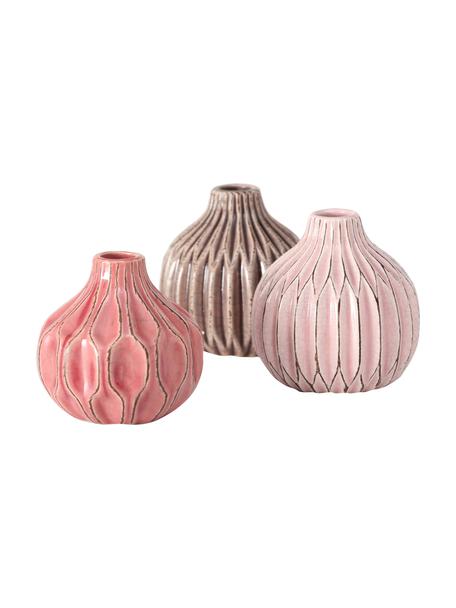 Set 3 vasi decorativi in gres Lenja, Gres, Rosa, corallo, marrone, Ø 11 x Alt. 11 cm