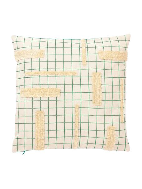 Housse de coussin 40x40 à carreaux avec ornements Wade, 100 % coton bio, certifié BCI, Couleur crème, vert, larg. 40 x long. 40 cm