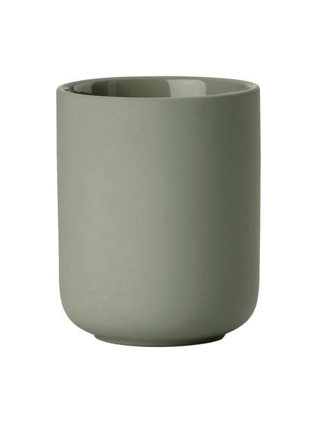 Porta spazzolini in gres Ume, Terracotta rivestita con superficie soft-touch (materiale sintetico), Verde eucalipto, Ø 8 x Alt. 10 cm