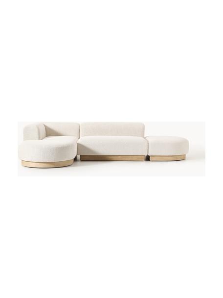 Modulares Ecksofa Natalie aus Teddy-Bouclé, Bezug: Teddy-Bouclé (100 % Polye, Gestell: mitteldichte Holzfaserpla, Sockel: Massives Buchenholz, lack, Teddy-Bouclé Off White, helles Buchenholz, B 337 x T 197 cm, Eckteil links