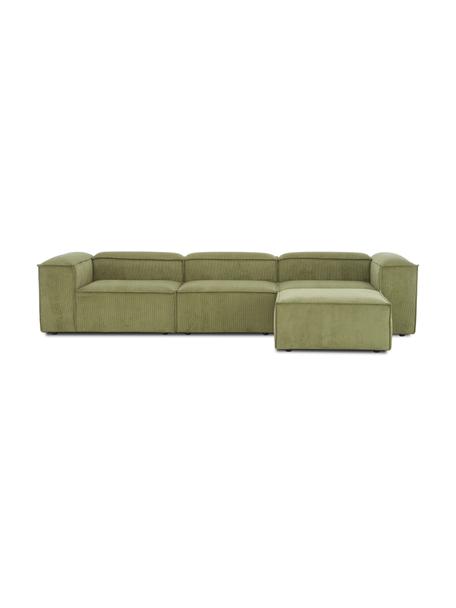 Canapé modulable 4 places en velours côtelé avec pouf Lennon, Velours côtelé vert, larg. 327 x prof. 207 cm