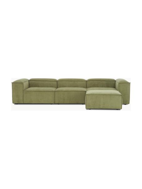 Divano componibile 4 posti in velluto a coste con poggiapiedi Lennon, Rivestimento: velluto a coste (92% poli, Struttura: legno di pino massiccio, , Piedini: plastica, Velluto a coste verde scuro, Larg. 327 x Prof. 207 cm