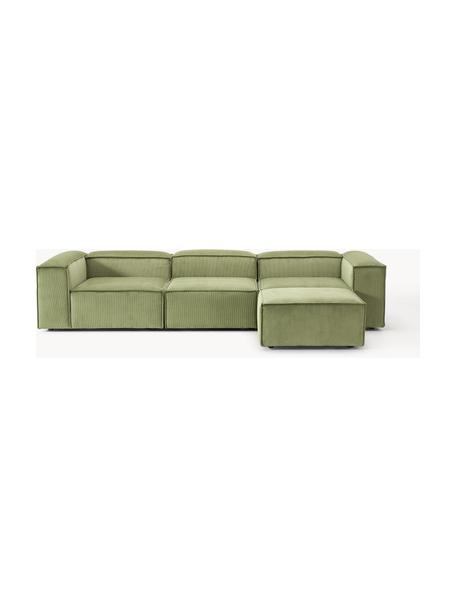 Modulares Sofa Lennon (4-Sitzer) aus Cord mit Hocker, Bezug: Cord (92 % Polyester, 8 %, Gestell: Massives Kiefernholz, Spe, Füße: Kunststoff Dieses Produkt, Cord Olivgrün, B 327 x T 207 cm