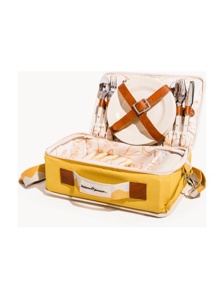 Picknick-Set Retro, Tasche: 50 % Baumwolle, 25 % Poly, Sonnengelb, Weiß, Braun, B 36 x H 13 cm