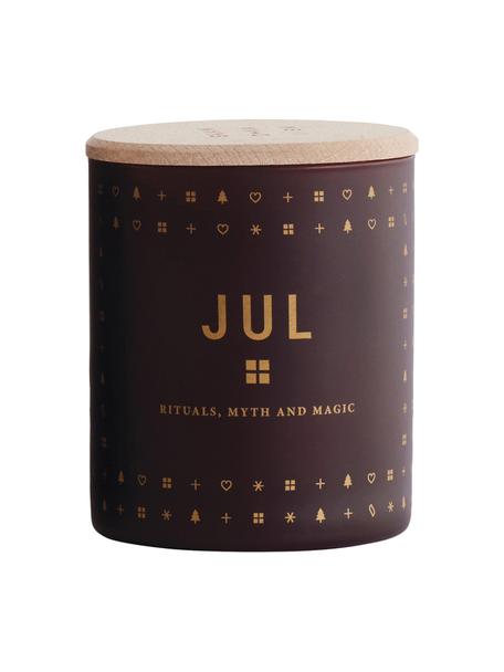 Bougie parfumée Jul (pain d'épices, miel et clous de girofle), Rouge bourgogne, couleur dorée, bois clair, Ø 8 x haut. 9 cm