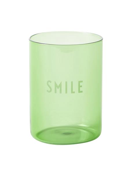 Bicchiere acqua di design con scritta Favorite SMILE, Vetro borosilicato, Verde (Smile), Ø 8 x Alt. 11 cm, 350 ml