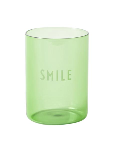 Bicchiere acqua verde di design con scritta Favorite SMILE, Vetro borosilicato, Verde trasparente, Ø 8 x Alt. 11 cm, 350 ml