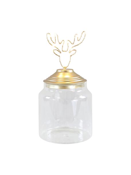 LED Aufbewahrungsdose Deer, Dose: Glas, Deckel: Metall, beschichtet, Transparent, Goldfarben, Ø 15 x H 20 cm