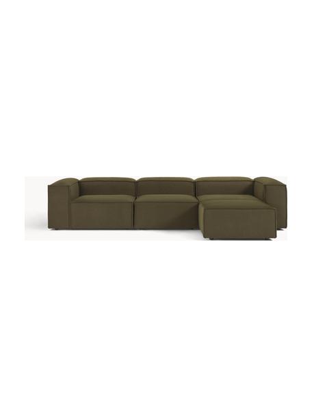 Modulares Sofa Lennon (4-Sitzer) aus Bouclé mit Hocker, Bezug: Bouclé (100 % Polyester) , Gestell: Massives Kiefernholz FSC-, Füße: Kunststoff, Bouclé Olivgrün, B 327 x T 207 cm