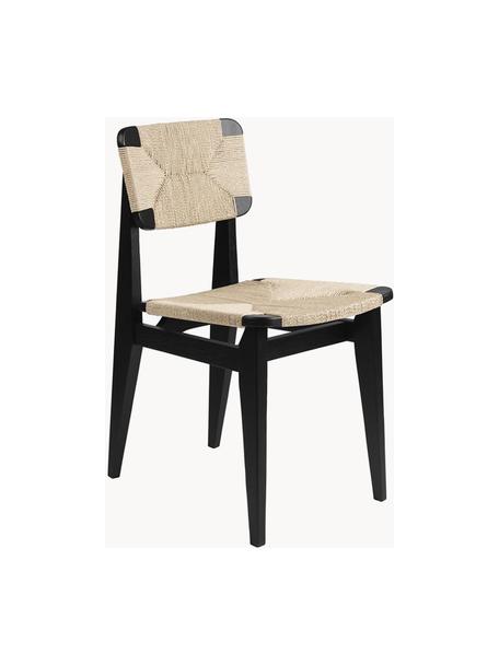 Dřevěná židle z dubového dřeva a vypleteným sedákem C-Chair, Černě lakované dubové dřevo, světle béžová, Š 41 cm, H 53 cm