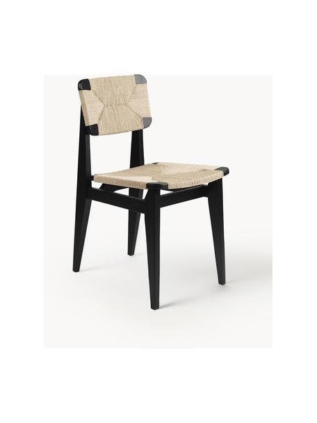 Holzstuhl C-Chair aus Eichenholz mit geflochtener Sitzfläche, Gestell: Eichenholz, lackiert, Eichenholz schwarz lackiert, Hellbeige, B 41 x T 53 cm