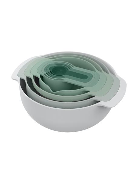 Schüssel- und Messlöffel-Set Nest Plus, 9-tlg., Polypropylen, Edelstahl, Grün- und Grautöne, Set mit verschiedenen Größen
