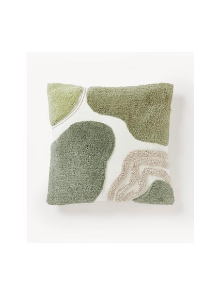 Housse de coussin 45x45 décorative Coraline, 100 % coton, Vert clair, vert olive, blanc crème, larg. 45 x long. 45 cm