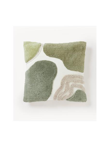 Copricuscino con decoro Coraline, 100% cotone, Verde chiaro, verde oliva, bianco crema, Larg. 45 x Lung. 45 cm