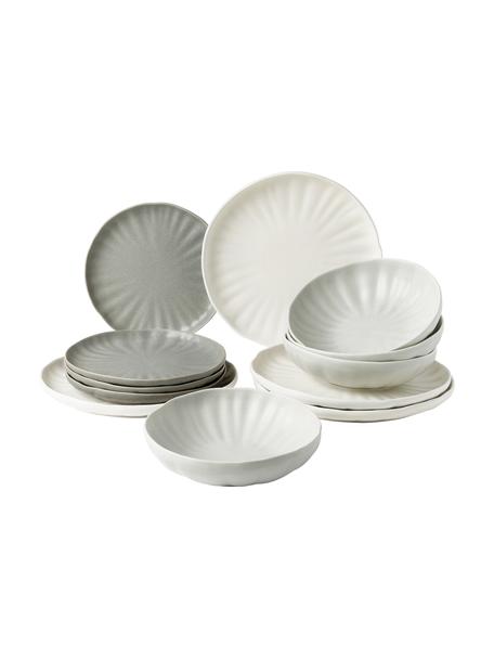 Komplet naczyń z porcelany z reliefem Sali, dla 4 osób (12 elem.), Porcelana, Kremowobiały, odcienie szarego, dla 4 osób (12 elem.)
