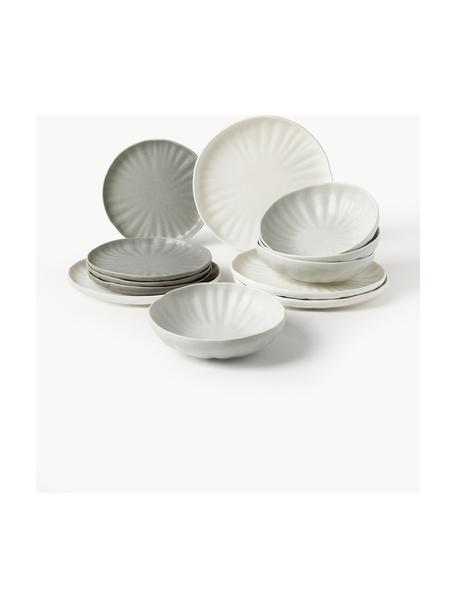 Mattes Geschirr-Set Sali mit Relief, 4 Personen (12er-Set), Porzellan, Off White, Grautöne, 4 Personen (12-tlg.)