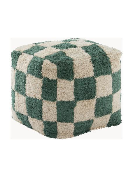 Pouf a quadretti Minden, Rivestimento: 100% cotone, Verde scuro, beige chiaro, Larg. 40 x Alt. 40 cm