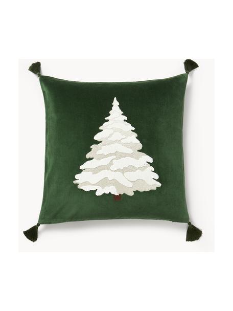 Housse de coussin en velours avec sapin brodé Amara, Vert foncé, blanc, beige clair, larg. 50 x long. 50 cm