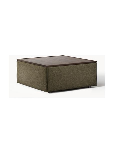 Sofa-Hocker Lennon aus Bouclé mit Stauraum, Bezug: Bouclé (80 % Polyester, 2, Tablett: Eichenholz, Spannplatte m, Gestell: Spanplatte, mitteldichte , Bouclé Olivgrün, dunkles Eichenholz, B 88 x T 88 cm