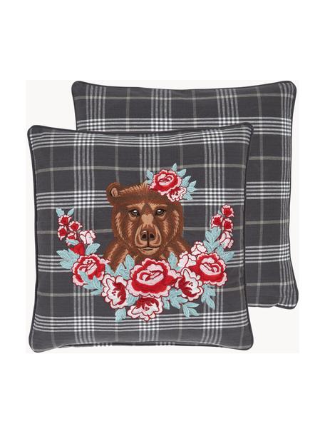 Károvaný poťah na vankúš s výšivkou Bear, 100 % bavlna, Tmavosivá, viac farieb, Š 45 x D 45 cm