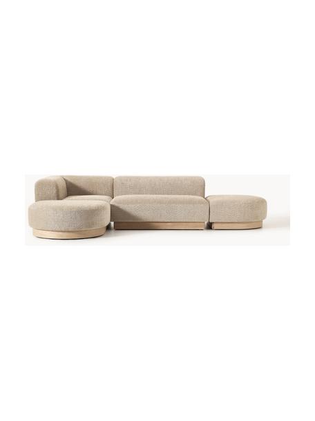 Modulares Ecksofa Natalie aus Teddy-Bouclé, Bezug: Teddy-Bouclé (100 % Polye, Gestell: mitteldichte Holzfaserpla, Sockel: Massives Buchenholz, lack, Teddy-Bouclé Beige, helles Buchenholz, B 337 x T 197 cm, Eckteil links