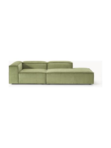 Chaise longue componibile in velluto a coste Lennon, Rivestimento: velluto a coste (92% poli, Struttura: legno di pino massiccio, , Piedini: plastica Questo prodotto , Velluto a coste verde oliva, Larg. 269 x Prof. 119 cm, schienale a destra