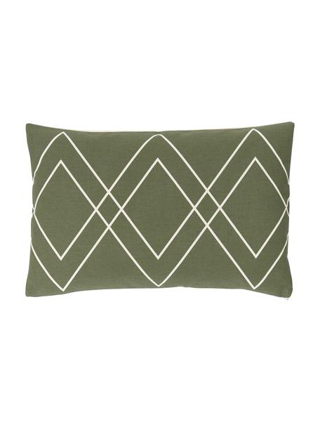 Housse de coussin bohème vert olive Ausel, 100 % coton, Vert olive, larg. 30 x long. 50 cm