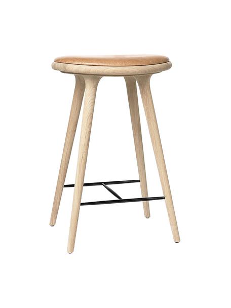 Stołek barowy High Stool, Stelaż: drewno dębowe mydlone, Tapicerka: skóra, Drewno dębowe, jasnobrązowa skóra, S 45 x W 69 cm