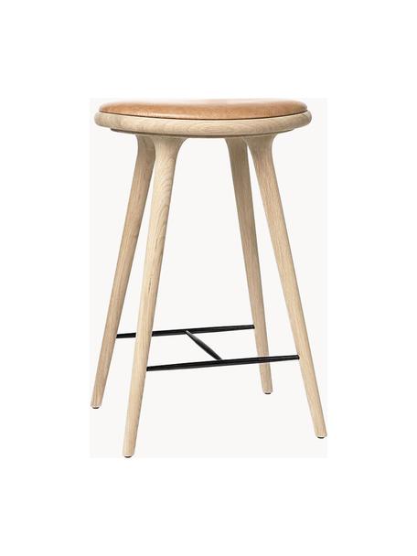 Eikenhouten barkruk Hoge kruk, Poten: eikenhout, ingezeept, Zitvlak: leer, Lichtbruin, B 45 x H 69 cm