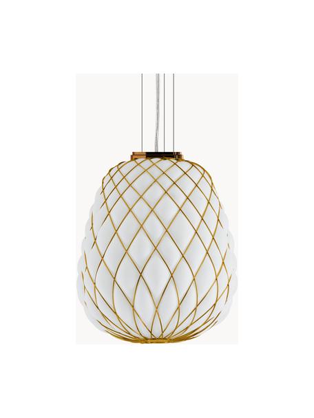 Handgemaakte hanglamp Pinecone, Lampenkap: glas, gegalvaniseerd meta, Wit, goudkleurig, Ø 50 x H 52 cm