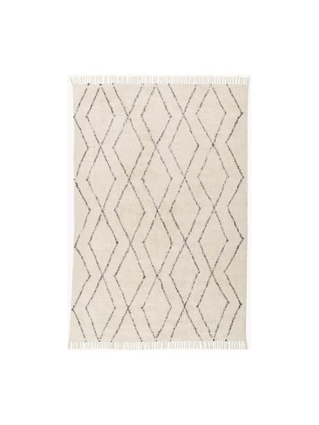 Handgetuft katoenen vloerkleed Bina met ruitjesmotief en franjes, 100% katoen, Beige, zwart, B 200 x L 300 cm (maat L)