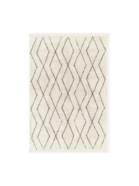 Handgetuft katoenen vloerkleed Bina met ruitjesmotief en franjes, 100% katoen, Beige, zwart, B 200 x L 300 cm (maat L)