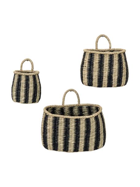 Wandopbergmanden Aleki, set van 3, Zeegras, Zwart, beige, Set met verschillende formaten