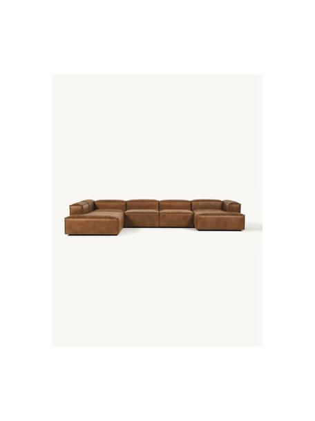 Sofá rinconera modular de cuero reciclado Lennon, Tapizado: cuero reciclado (70% cuer, Estructura: madera maciza, madera con, Patas: plástico, Cuero marrón, An 418 x F 269 cm, chaise longue izquierda
