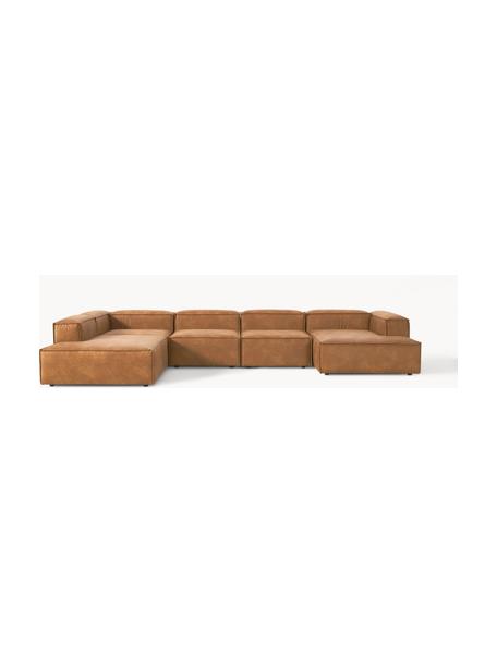 Canapé lounge modulable en cuir recyclé Lennon, Cuir brun, larg. 418 x prof. 269 cm, méridienne à gauche