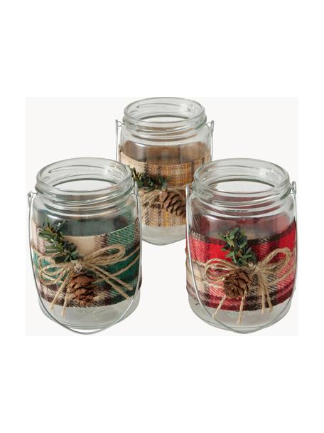 Waxinelichthouder Niara, 3-delig, Windlicht: glas, Bekleding: polyester, Donkergroen, rood, bruin, Ø 7  x H 11 cm