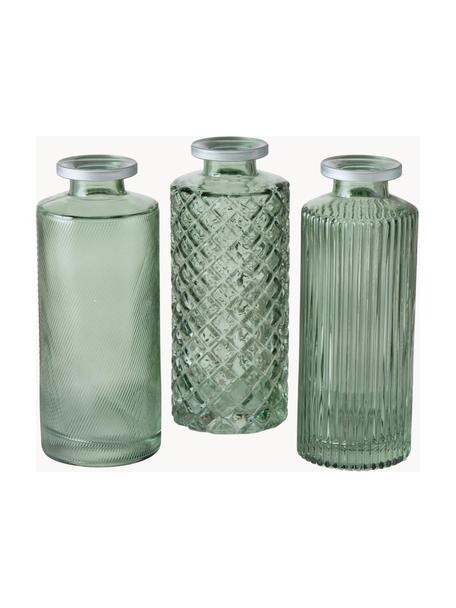 Set 3 vasi decorativi in vetro Adore, Vetro colorato, Verde, trasparente, argento, Ø 5 x Alt. 13 cm