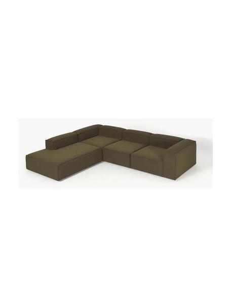 Narożna sofa modułowa bouclé XL Lennon, Tapicerka: bouclé (100% poliester) D, Stelaż: lite drewno sosnowe z cer, Nogi: tworzywo sztuczne, Oliwkowozielony bouclé, S 329 x G 269 cm, lewostronna